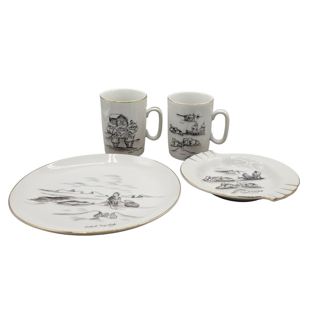 Robert Mayokok Porcelain Plate Ashtray and Coffee Mugs Set 1950s
